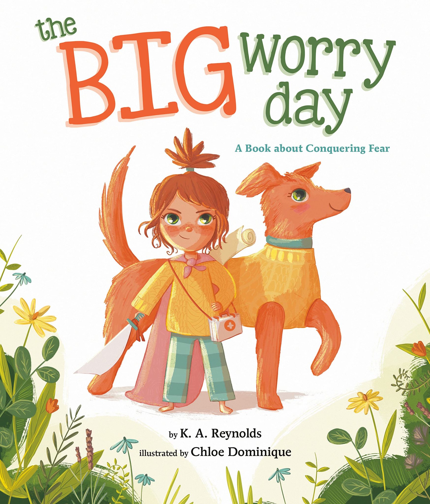 The cover of the picture book "The Big Worry Day" features a red-headed little girl and her dog wearing matching sweaters. The girl bravely holds a toy sword and looks ready for the day ahead.