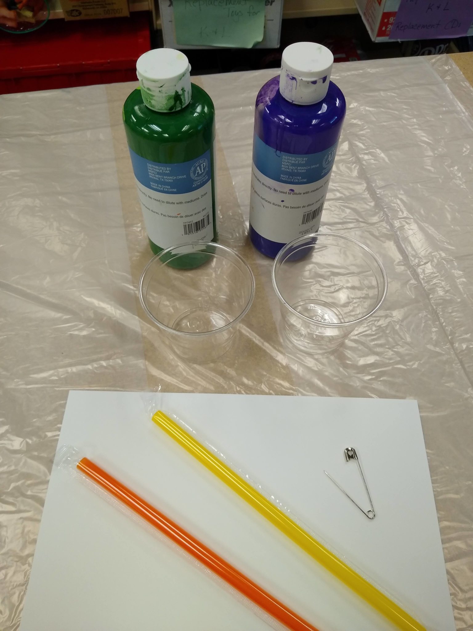 An image of the materials, including paint, small plastic cups, straws, a safety pin and paper sitting on a table covered in a clear plastic sheet. 