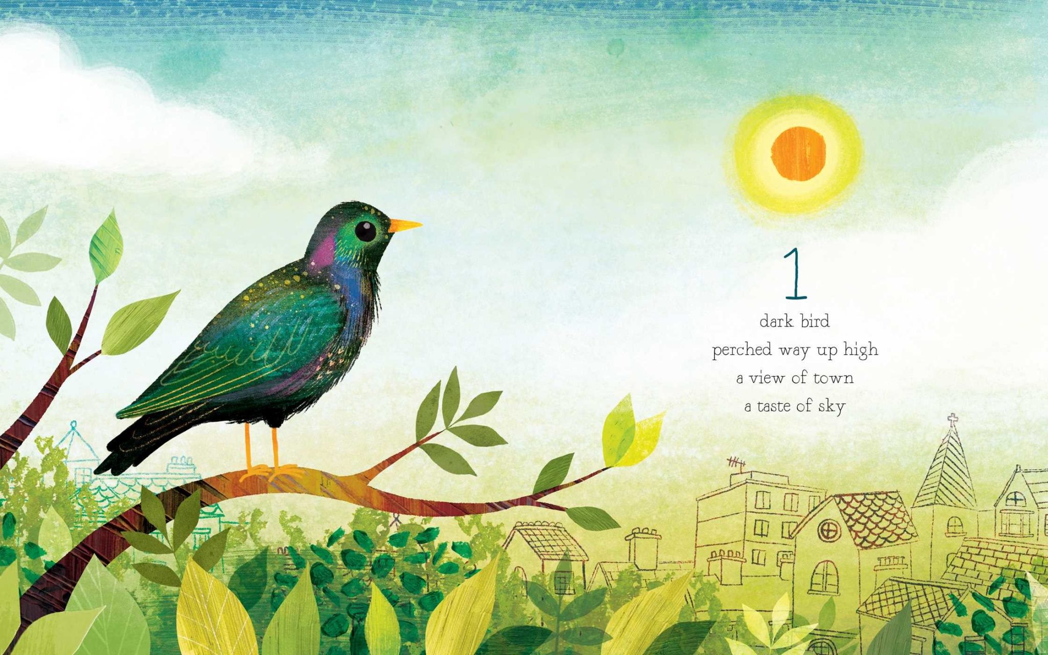 Detail from the picture book One Dark Bird featuring a close-up of a digitally painted starling on a tree-branch overlooking houses in the distance. The starling's black iridescent feathers feature shimmering hues of green, blue, purple and yellow.