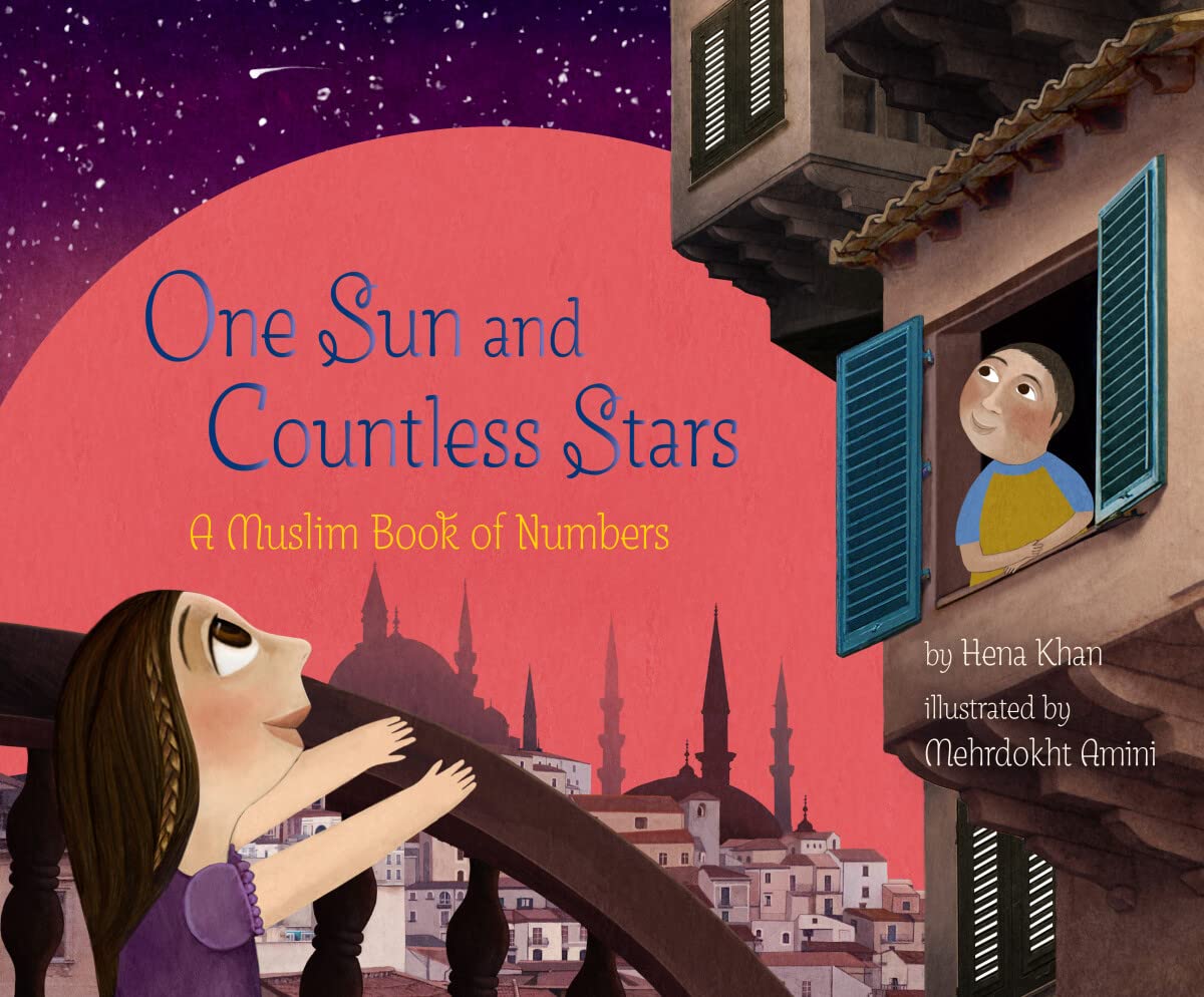 Cover of the picture book One Sun and Countless Stars, featuring two children looking up at the purple-black sky as a huge red sun sets over a city in the distance. The children look up from two separate locations, one from a balcony and the other from an open window flanked by two blue shutters.