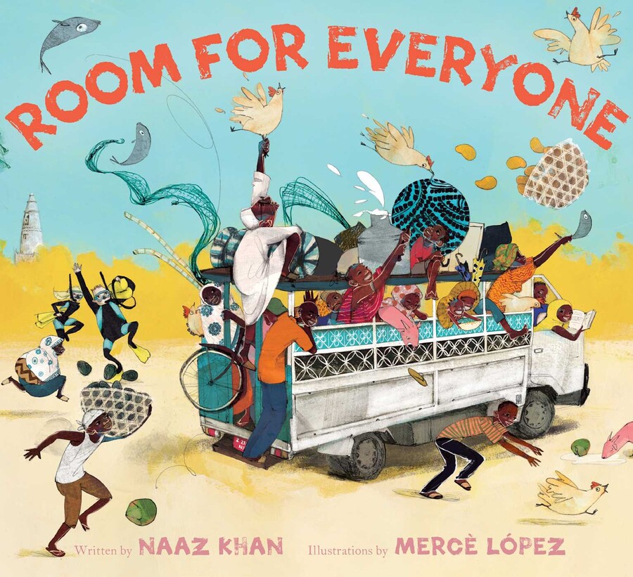 Cover page of the picture book Room For Everyone, featuring various Zanzibari people and their wares (including baskets of fruit, pails of milk, loose live chickens and dead fish) joyously riding a daladala, a shared minibus.