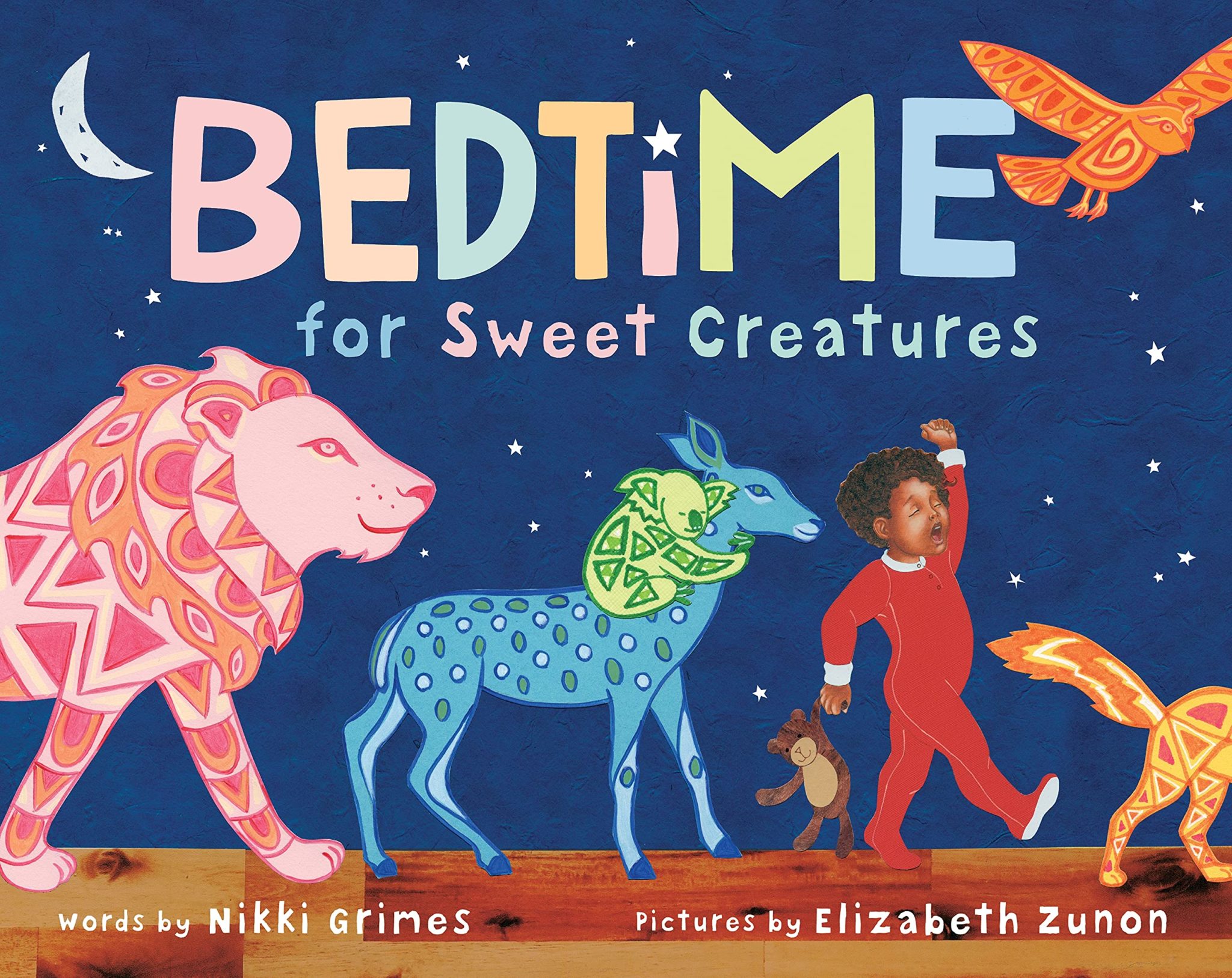 The cover of the picture book "Bedtime for Sweet Creatures" features a sleepy child in red pajamas leading a parade of wild animals.