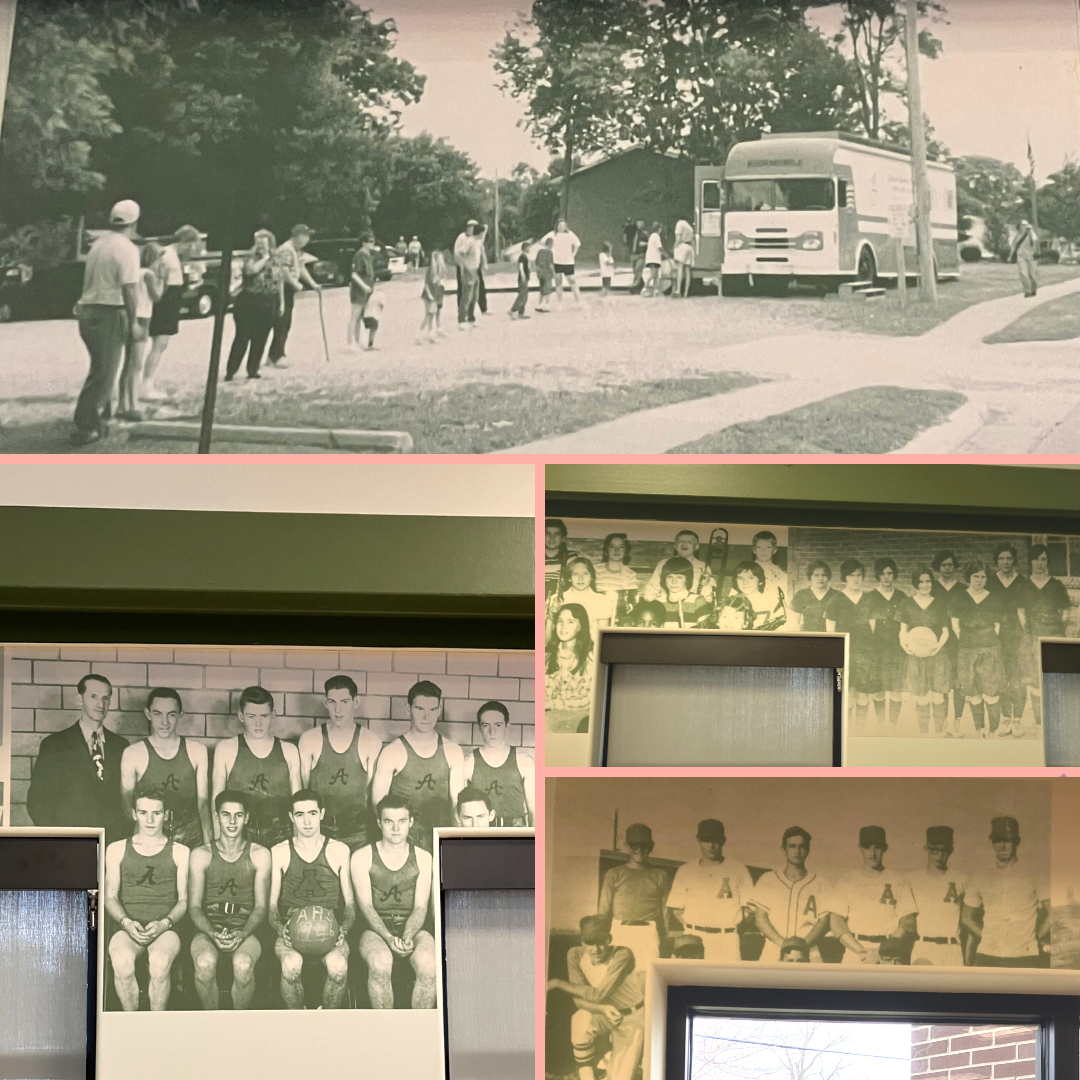 Photographs of the wallpaper at the Southern Boone County branch. Images include local sports teams, band members, and Bookmobile