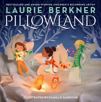 The cover of the picture book "Pillowland" features three children having a pillow fight in a forest draped with blankets. 