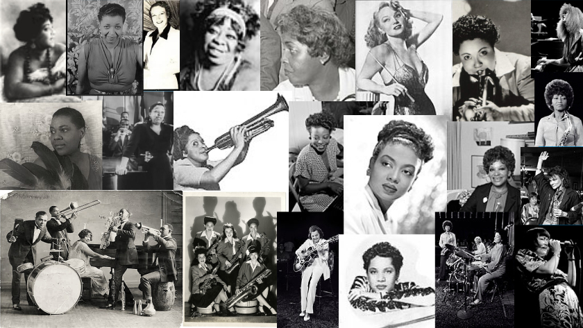 black and white collage of women in jazz