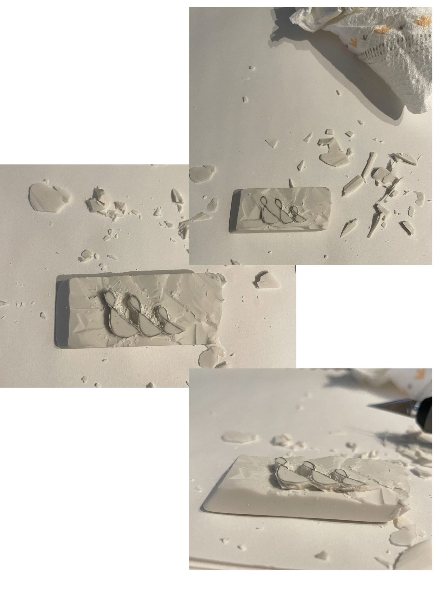 Three images illustrating a white eraser being slowly carved with an X-Acto knife. 