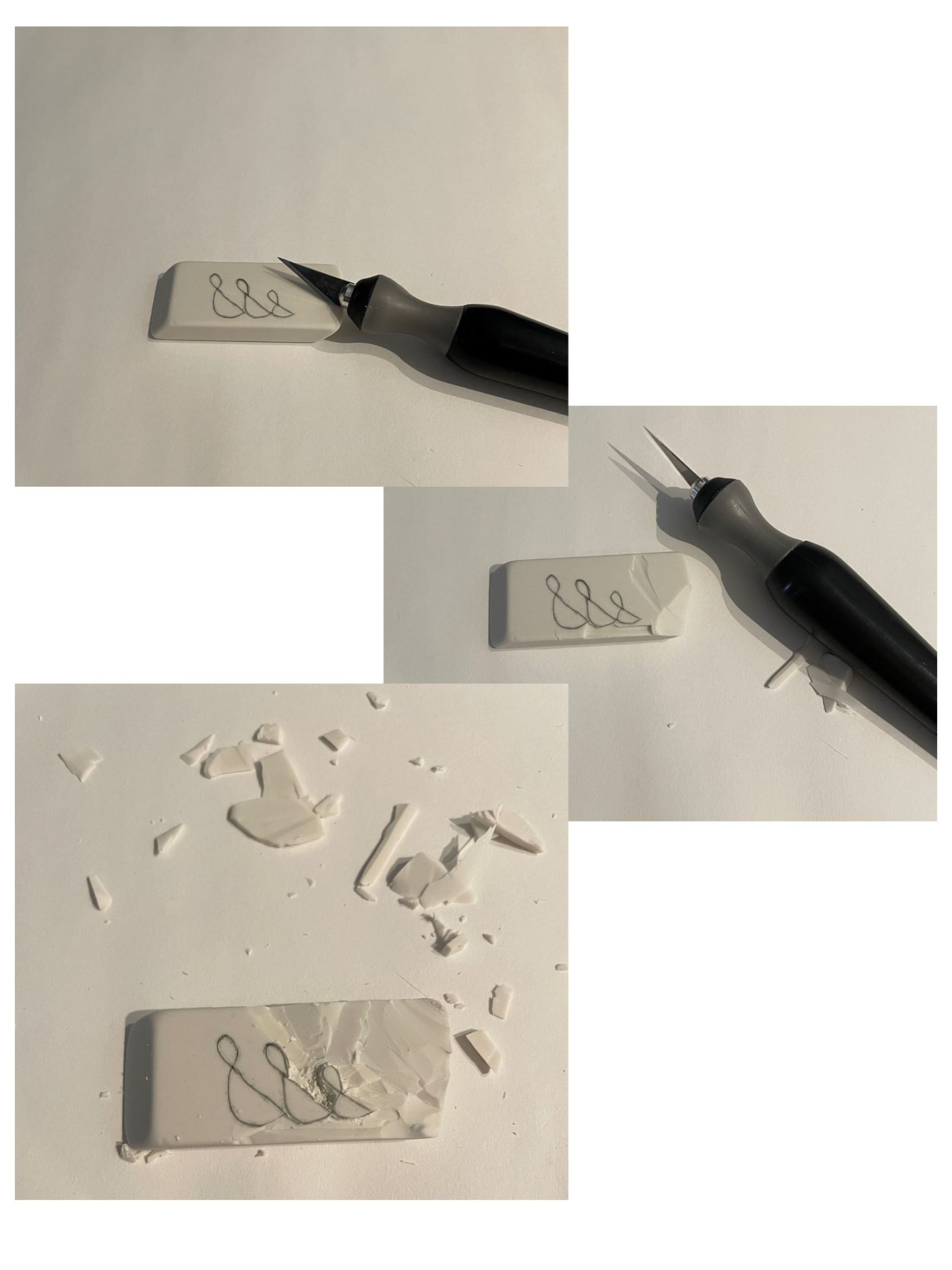 Three images illustrating a white eraser being slowly carved with an X-Acto knife. 
