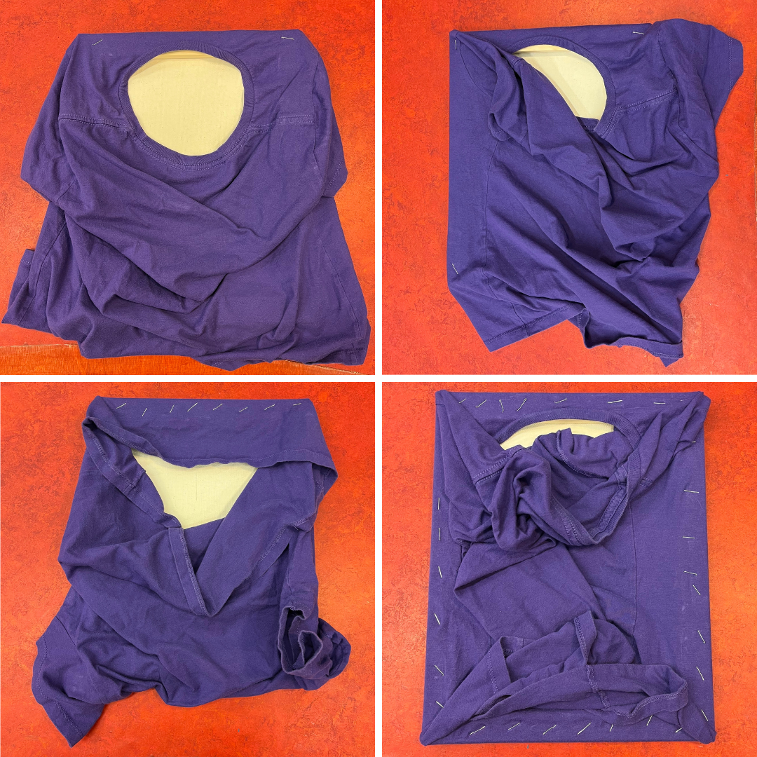 Photo grid of t-shirt being stapled to canvas