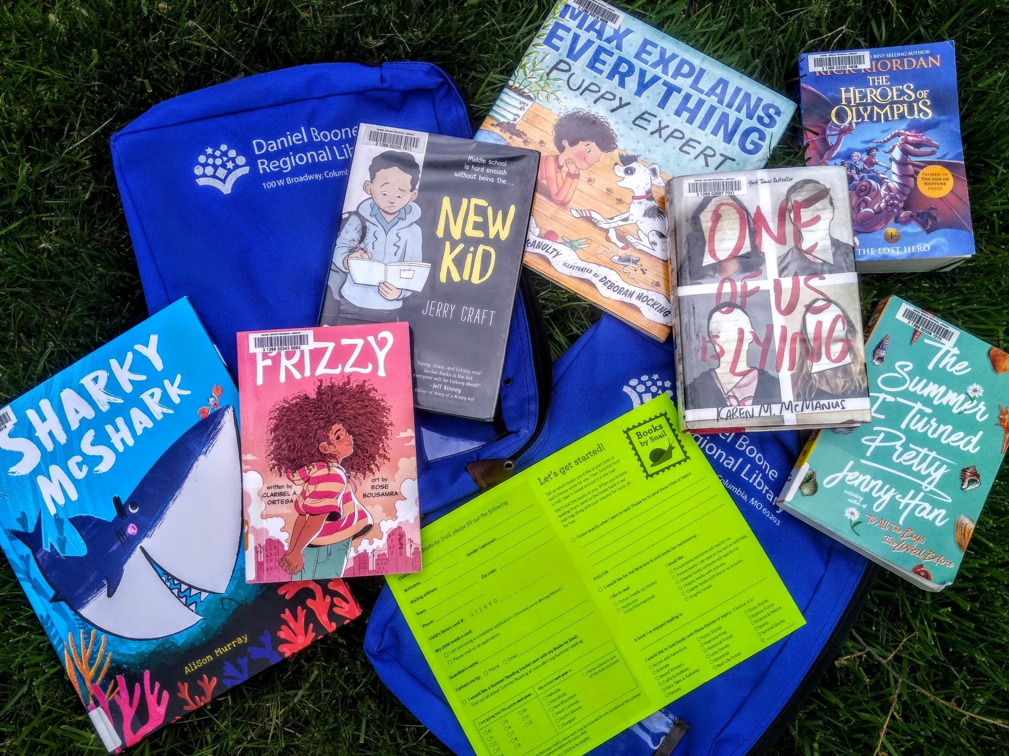A selection of picture books, chapter books and graphic novels sit in the grass with two blue Books by Snail bags and a sign-up sheet. 
