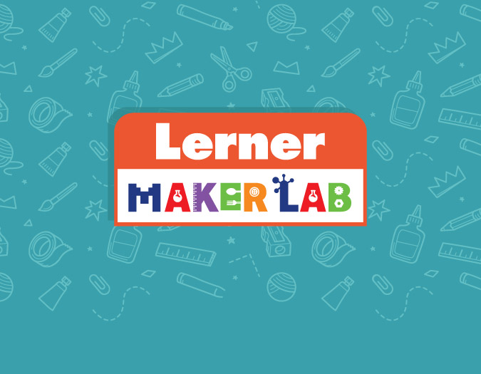 logo for Lerner Maker Lab with a background featuring simple line drawings of glue, scissors, tape, yarn, paint, etc.