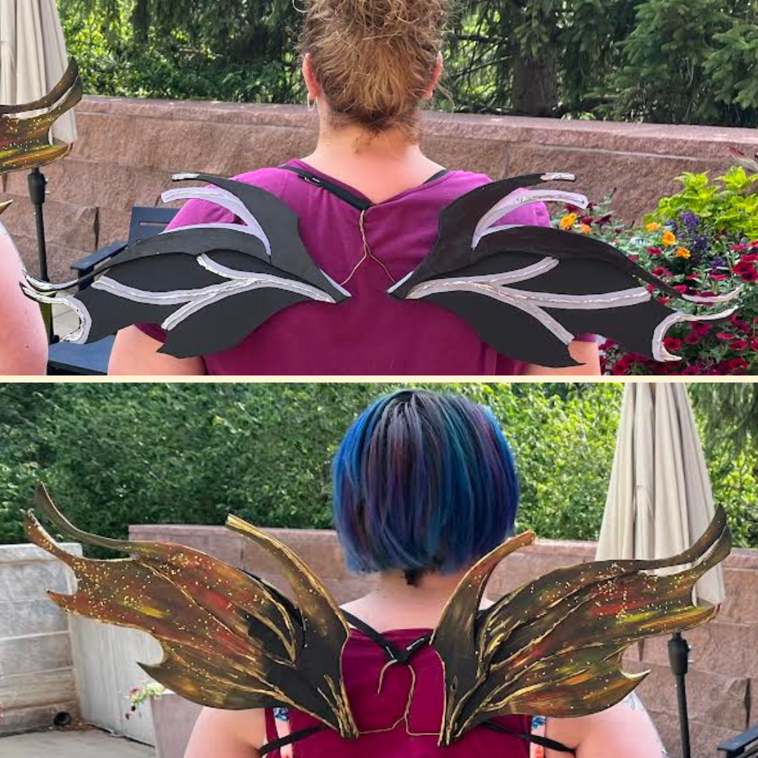 Top photo of the back of a woman wearing purple and black wings. Bottom photo of a woman in black and gold wings.