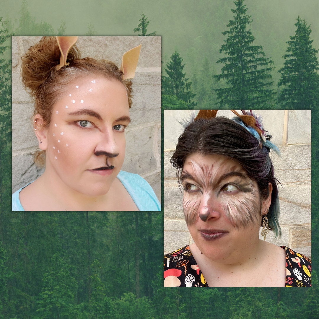 Photo of woman in deer make up and another photo of a woman in owl make up.
