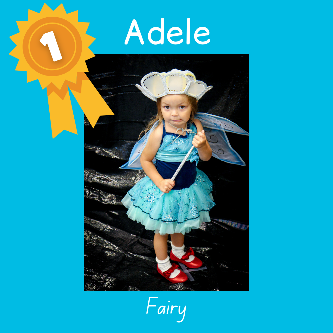 1st Place Adele as a fairy. Photo of a small child in a blue dress with wings, a wand and red shoes. 