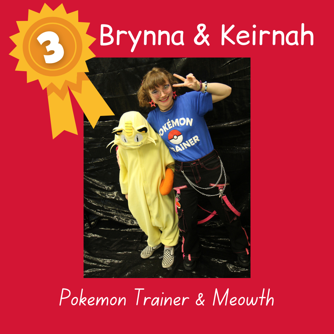 3rd place Brynna & Keirnah as Pokémon Trainer and Meowth. Photo of an adult and child. Adult is wearing blue Pokémon trainer shirt and black pants. Child is wearing yellow onesie with a cat face hood.