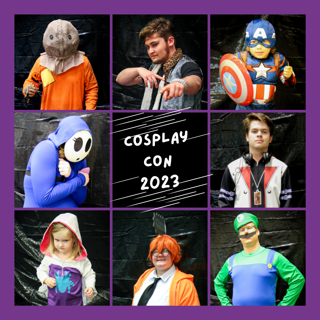 Photo grid of people in pop culture costumes. Text reads: Cosplay Con 2023