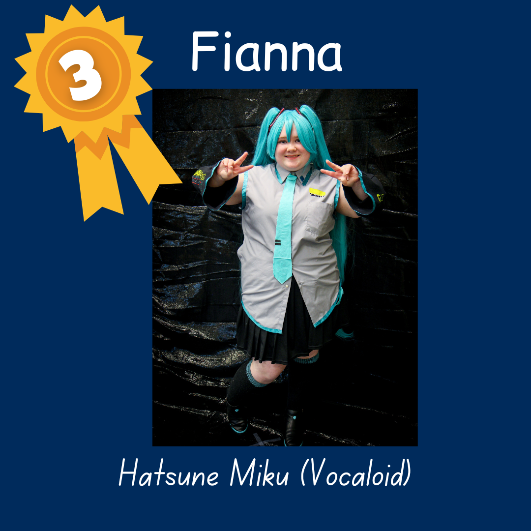 3rd place Fianna as Hatsune Miku from Vocaloid. Photo of a teen in a teal wig and wearing a gray shirt with a teal tie.