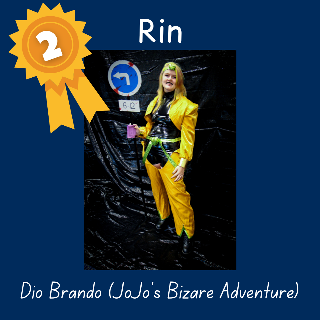 2nd place Rin as Dio Brando from JoJo’s Bizare Adventure. Photo of teen in yellow and black jump suit with green accessories holding a blue street sign.
