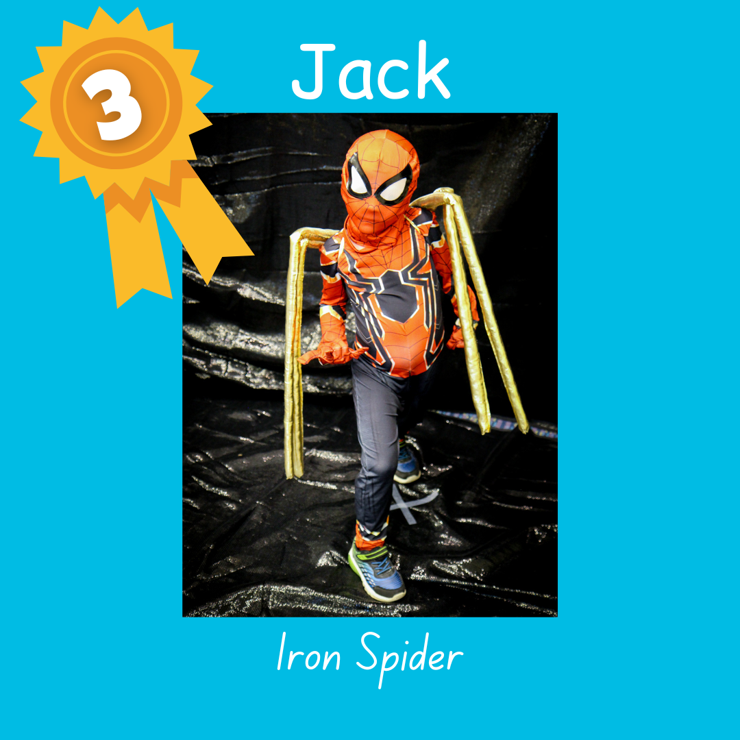3rd place Jack as Iron Spider. Photo of a small child in a Spiderman costume with gold spider legs on their back.