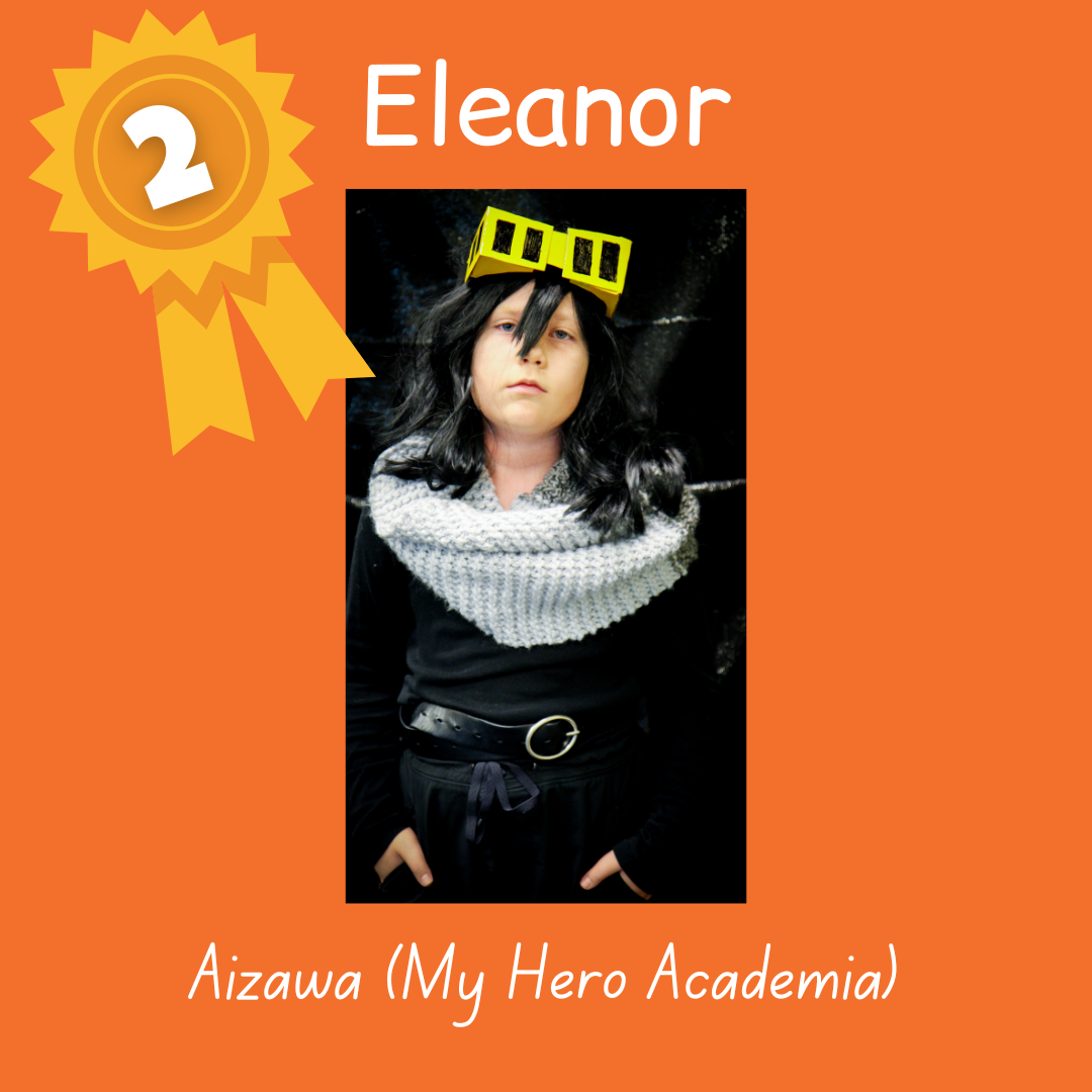 2nd place Eleanor as Aizawa from My Hero Academia. Photo of a child in a with yellow and black goggles and a large gray scarf over a black shirt.