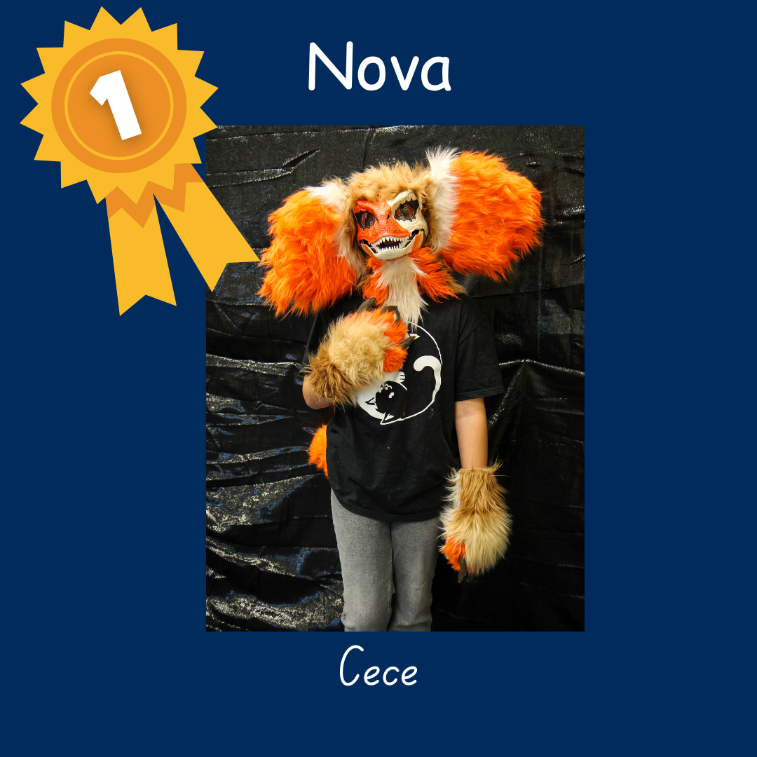 1st place Nova as Cece an original character. Photo of a teen with an orange, brown and white fur mask with a reptile face and fury hands and tale.