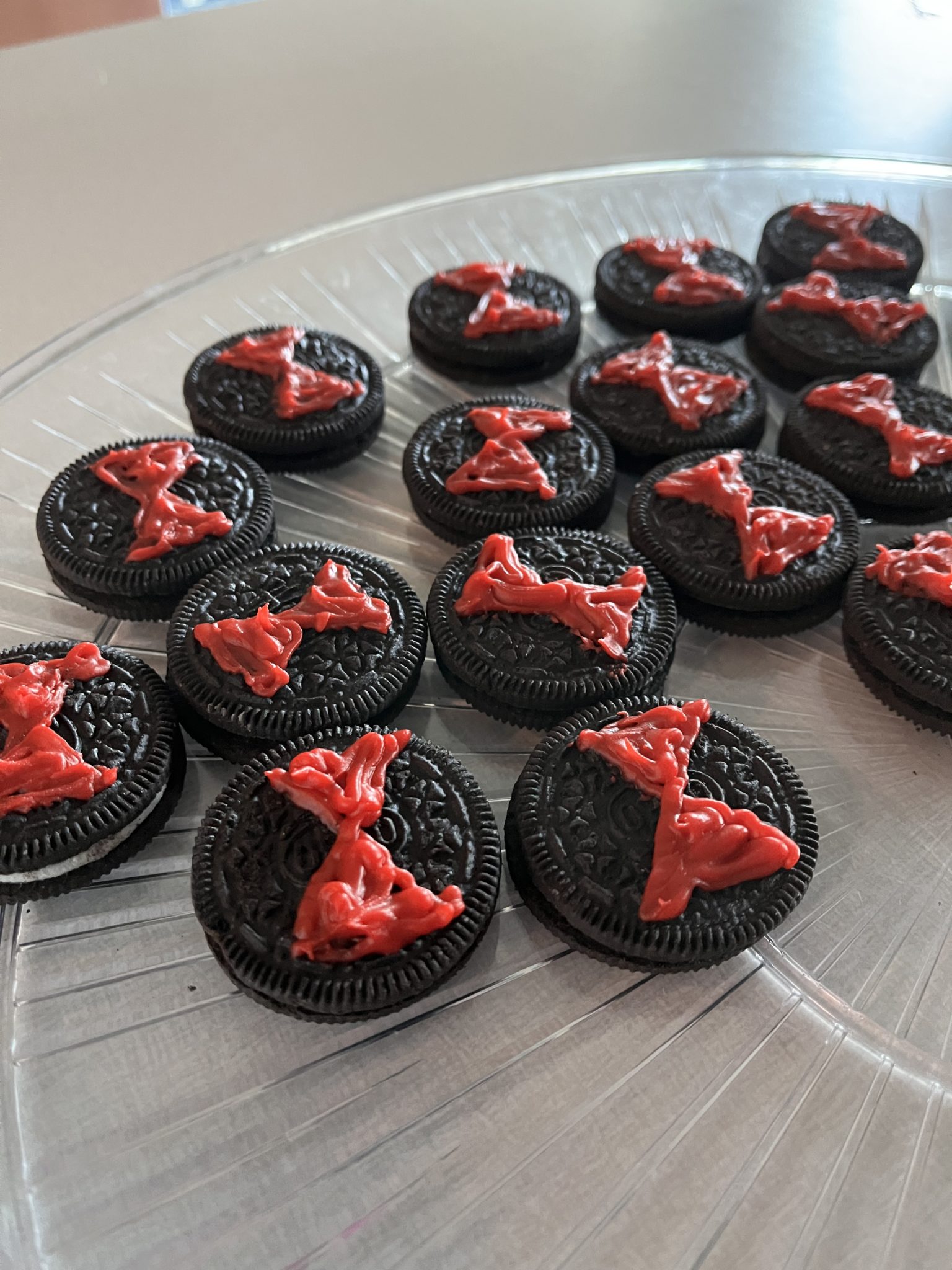 Photo of Oreos with Black Widow symbol.