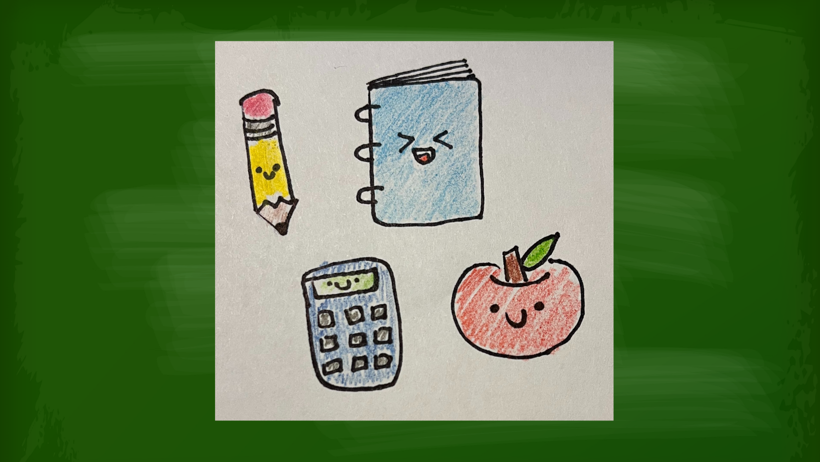 Drawings of Kawaii pencil, notebook, calculator, and apple