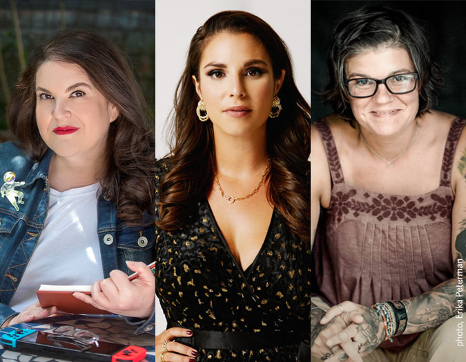 Photo collage of authors Naomi Alderman, Victoria Aveyard and Stephanie Land