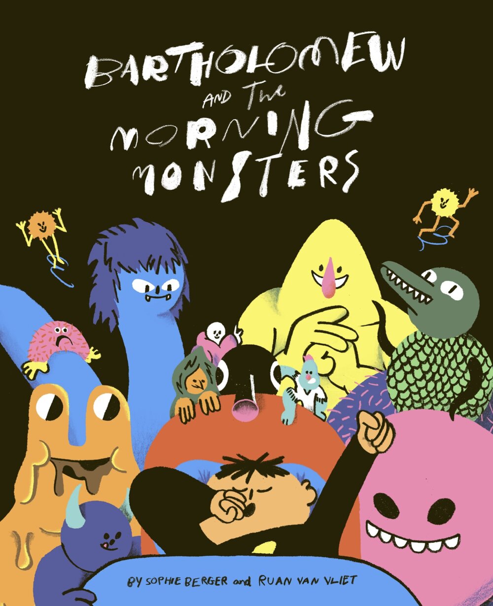Cover for the children's book "Bartholomew and the Morning Monsters," featuring a child with tan skin and a tuft of black hair yawning in bed with his eyes closed while various colorful monsters are circled around and grinning mischievously in the background. 