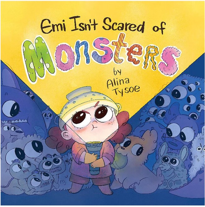 Cover for the children's book, "Emi Isn't Scared of Monsters," featuring a red-headed child wearing a silver colander on her head and elbow-length yellow kitchen gloves on her hands while holding a lit flashlight under her chin. In the blued darkness outside of the flashlight's beam, a yellow fluffy dog with a tennis ball in its mouth sits on the right while many monsters crowd the background, looking apprehensively towards the child. 