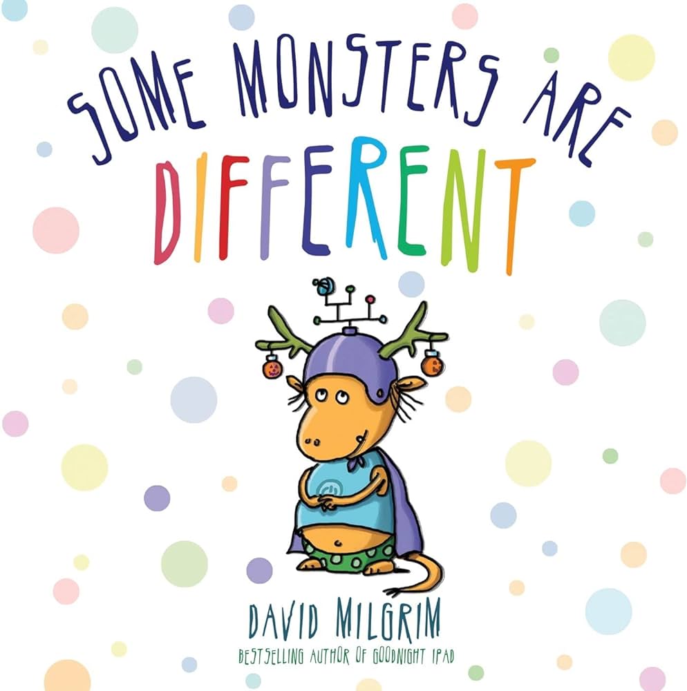 Cover for the children's book, "Some Monster Are Different," featuring a young orange dragon-like monster who is wearing a purple helmet and cape, a blue tank top and speckled green shorts. The young monster's helmet has an antenna sticking up from the middle and green antlers poking out from either side with little jack-o'-lantern earrings/decorations hanging off the antlers. 