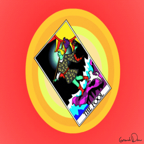 Gif of The Fool tarot card with bright rainbow