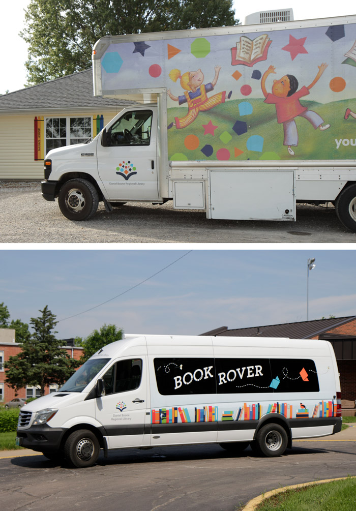 At top, Bookmobile, Jr. and, at bottom, the Book Rover