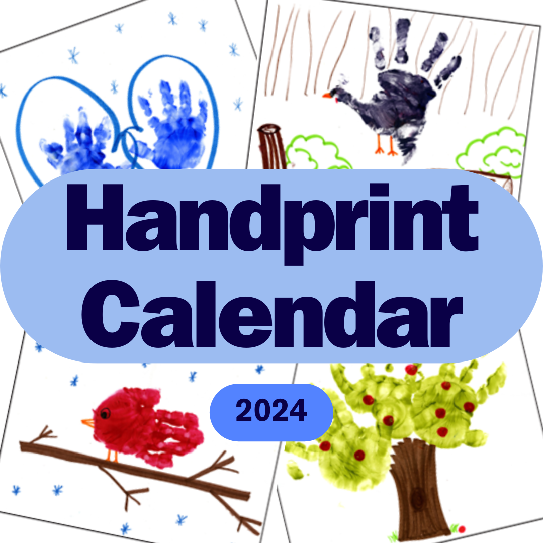 Handprint Calendar 2024. Background is 4 images of handprint mittens, turkey, tree, and a cardinal.