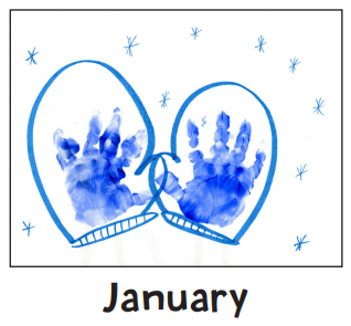 Picture with 2 neat, child sized hand prints inside of hand-drawn mittens.