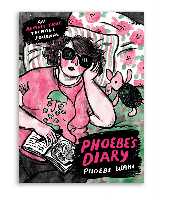 Cover photo of Phoebe Wahl's YA graphic memoir, "Phoebe's Diary," featuring a black, white, pink and green illustration of a white woman wearing black sunglasses, a pink shirt and black pants while listening to music via earbuds and reclining in bed. The figure holds an open journal/diary and black pen across her belly and lays next to a piglet stuffy. 