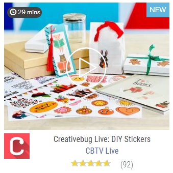 Still image of a Creativebug Live crafting video for DIY Stickers, featuring a photograph of some of the materials needed to make the craft, as well as ideas for how to use the stickers, such as adhering them to paper to make a bookmark or on a paper bag or box to make a personalized gift. 