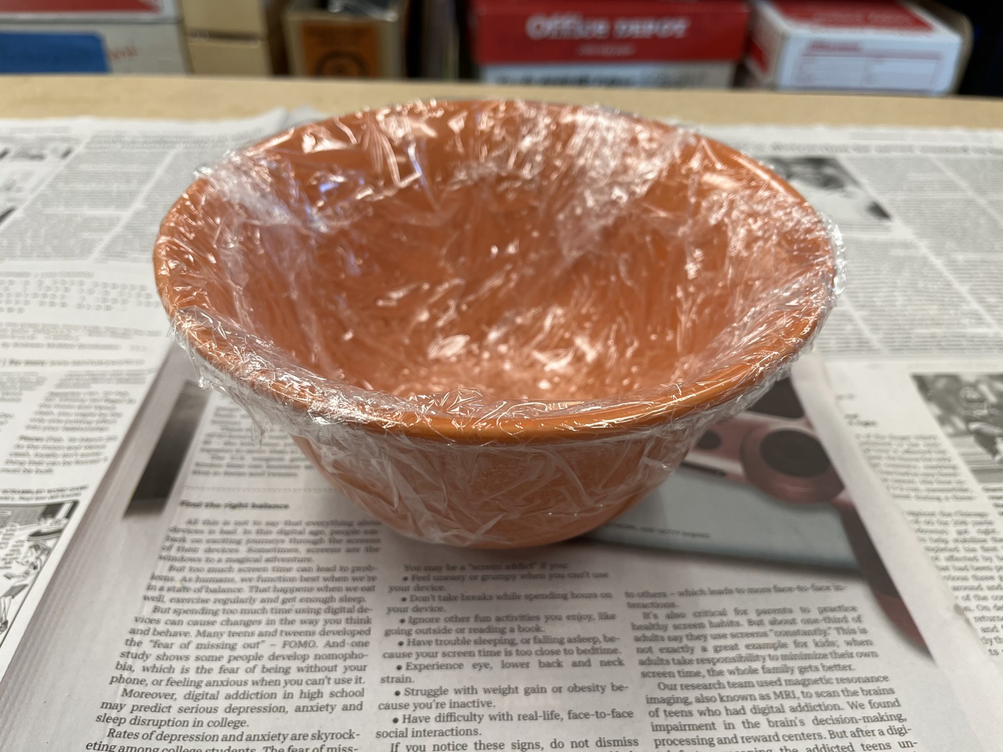 Bowl wrapped in plastic wrap