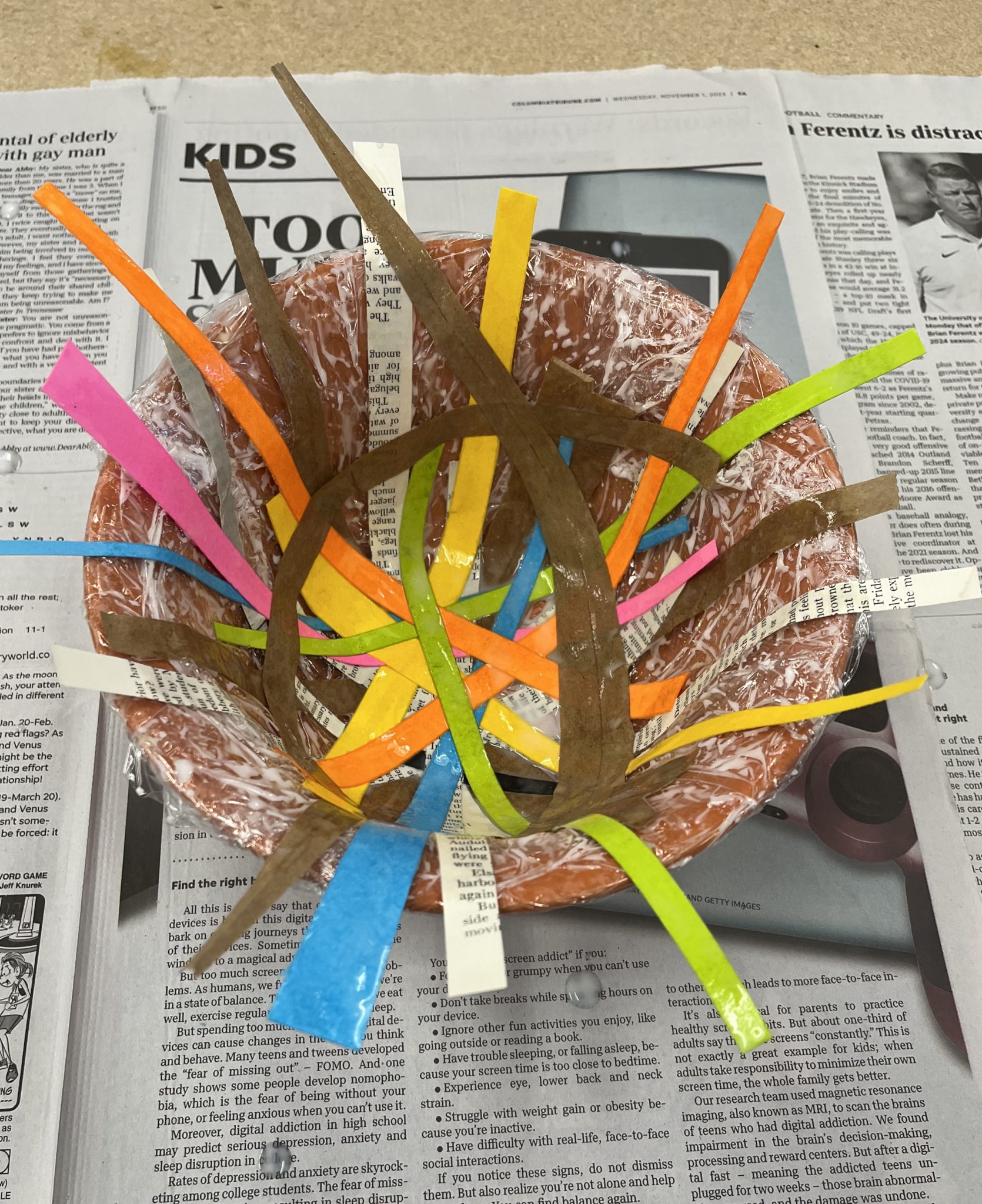 First layer of paper mache bird nest completed