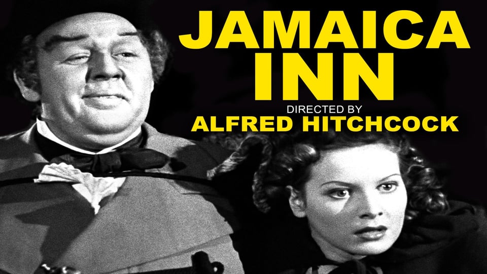 Kanopy cover image for "Jamaica Inn," which appears to be a movie still featuring Maureen O'Hara and Charles Laughton in costume. Large yellow font with the movie title and director.