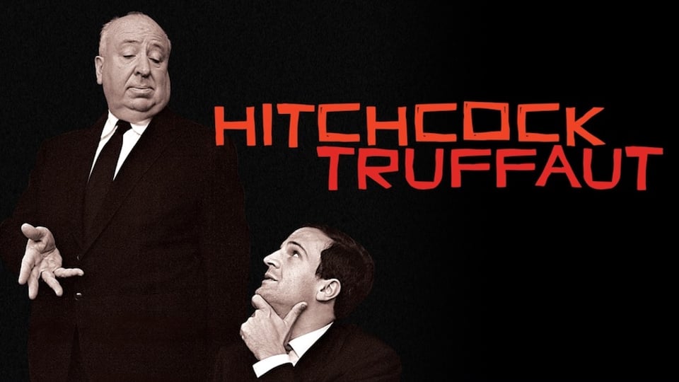 Kanopy cover image of the documentary film, "Hitchcock/Truffaut." A Quirky red font on a black background with the title and the two directors posing together. Hitchcock stands and gesticulates with his right hand. Truffaut sits looking up at Hitchcock and leans on his chin with his left hand.