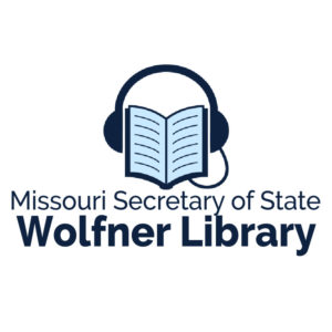 Logo of the Missouri Secretary of State Wolfner Library. A blue book with headphones over top. 