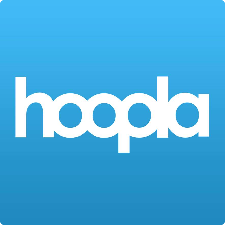 Hoopla logo. The word hoopla written in white font on a blue background. 