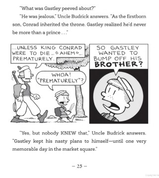 Half of page 25 of "Max and the MidKnights," showing how it has a paragraph of text, followed by 2 comic panels, and ending off with more text.