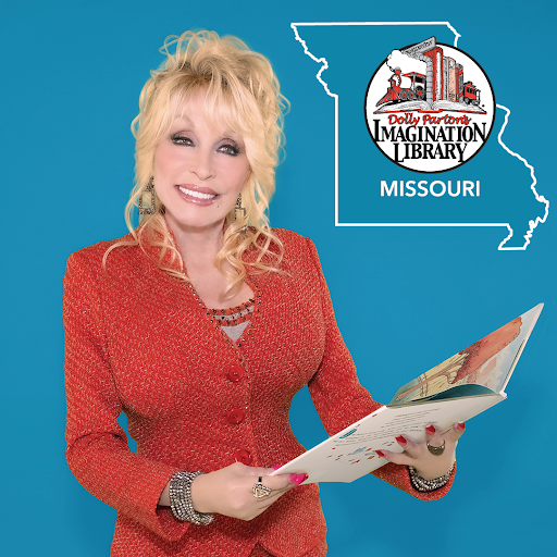Dolly Parton holding a children's book with the Dolly Parton's Imagination Library logo super imposed on the State of Missouri