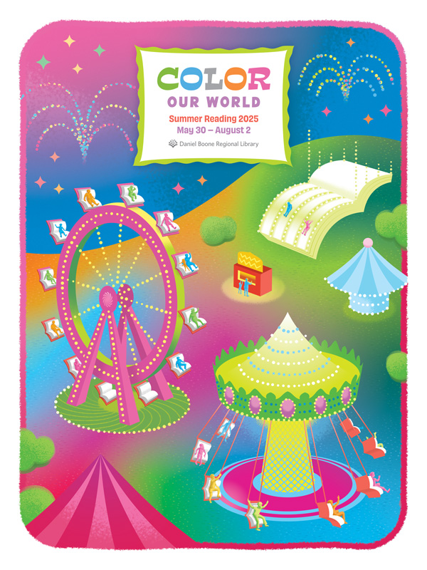 Color Our World: Summer Reading 2025 - a brightly colored carnival scene with books as part of the rides