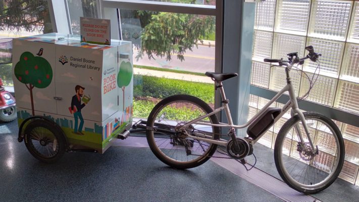DBRL's Book Bike, parked in the lobby of the library