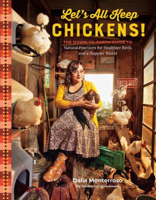 A woman in an apron, cuddling a chicken, sitting in a hen house surrounded by other birds.
