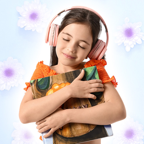 a child wearing noise canceling headphones closes her eyes and smiles while holding some books to her chest