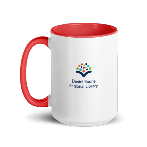 Store: White coffee mug with bright coral handle and interior sporting the DBRL logo