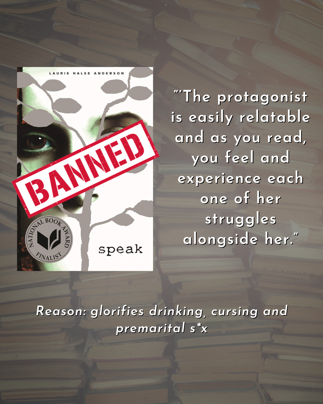 Text reads ββThe protagonist is easily relatable and as you read, you feel and experience each one of her struggles alongside her.β Reason: glorifies drinking, cursing and premarital s*x